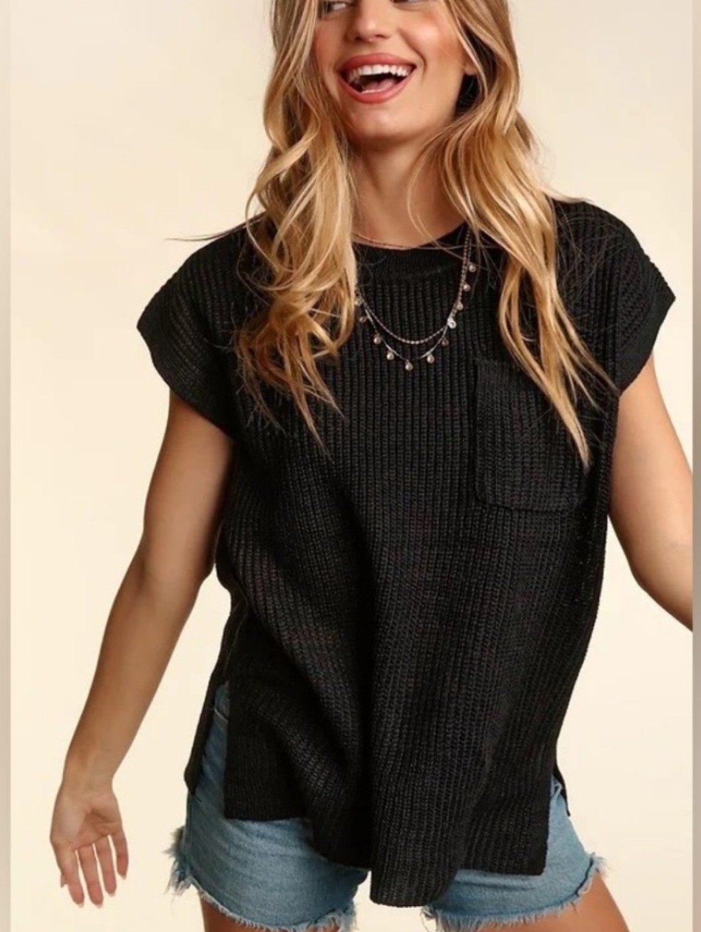 Black Knit Short- Oversized Sleeve Pocket Sweater Top - Women